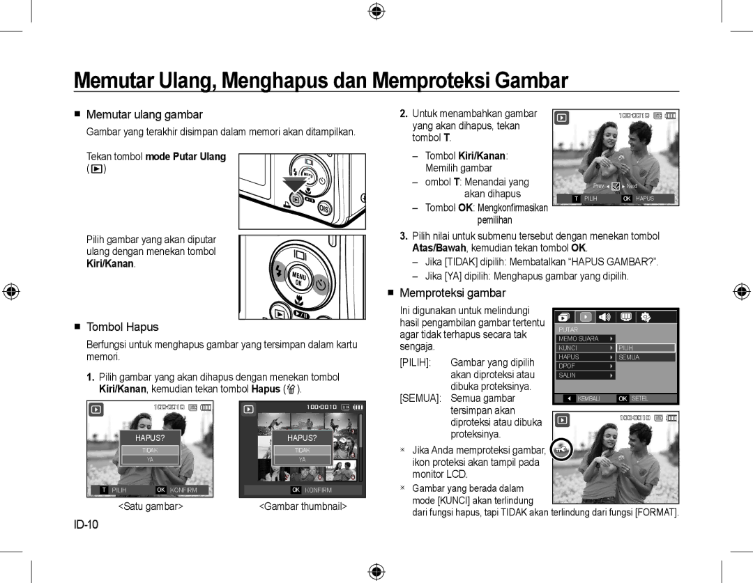 Samsung EC-M310WNBA/FR manual Memutar Ulang, Menghapus dan Memproteksi Gambar,  Memutar ulang gambar,  Memproteksi gambar 