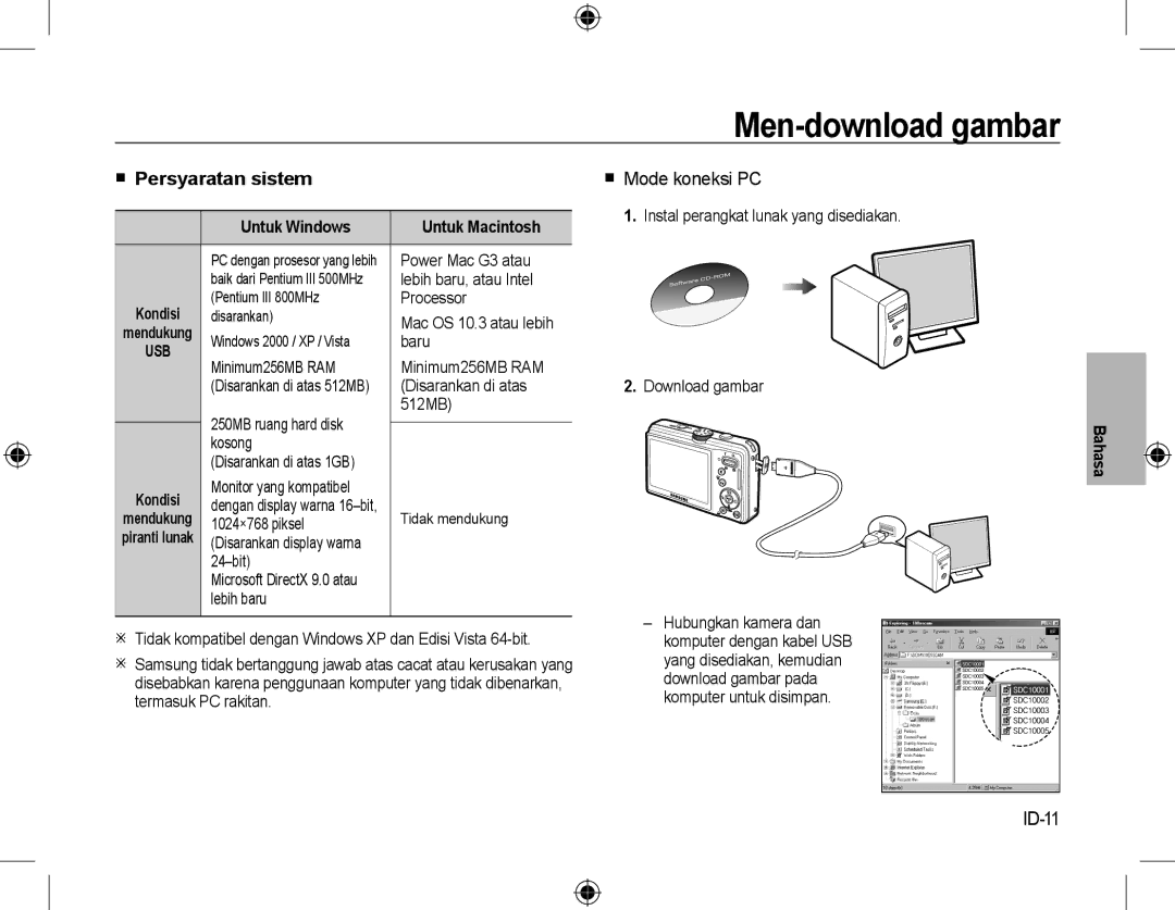 Samsung EC-M310WABA/FR Men-download gambar,  Persyaratan sistem,  Mode koneksi PC, ID-11, Untuk Windows Untuk Macintosh 