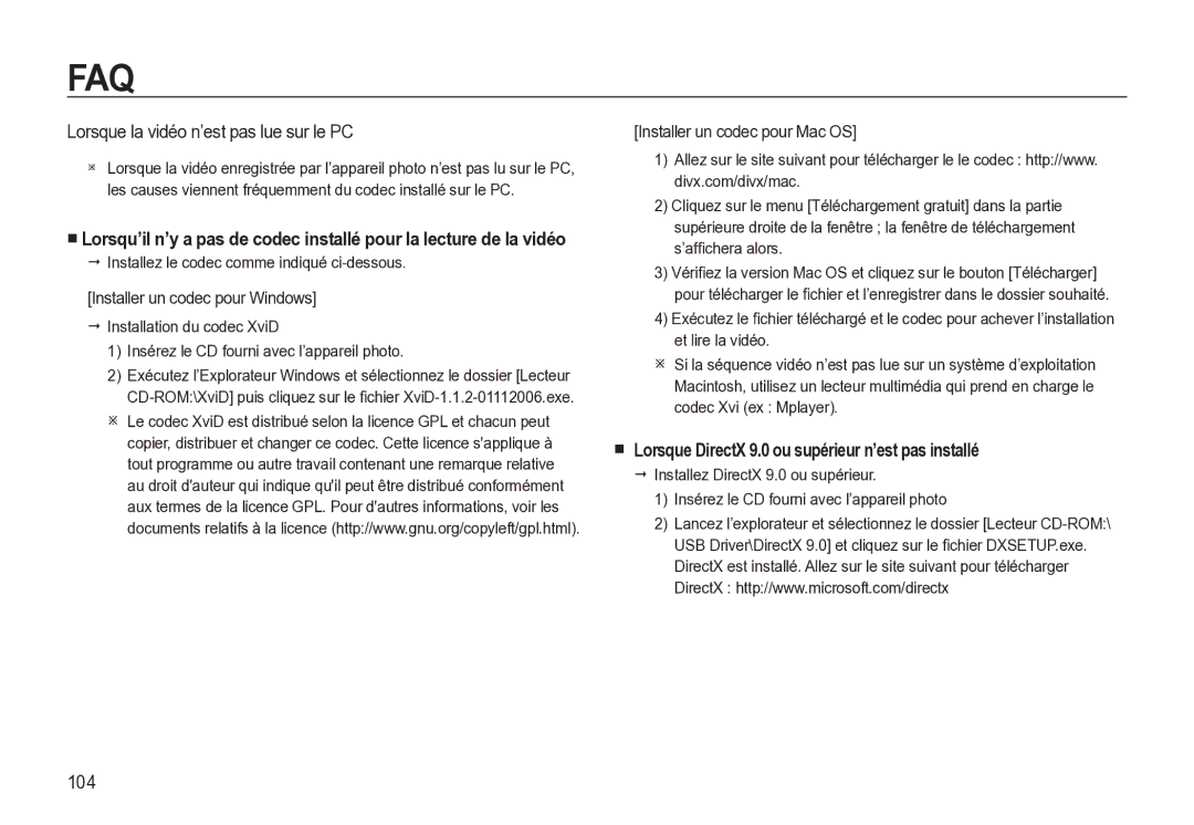 Samsung EC-M310WNBA/FR Lorsque la vidéo n’est pas lue sur le PC, Lorsque DirectX 9.0 ou supérieur n’est pas installé, 104 