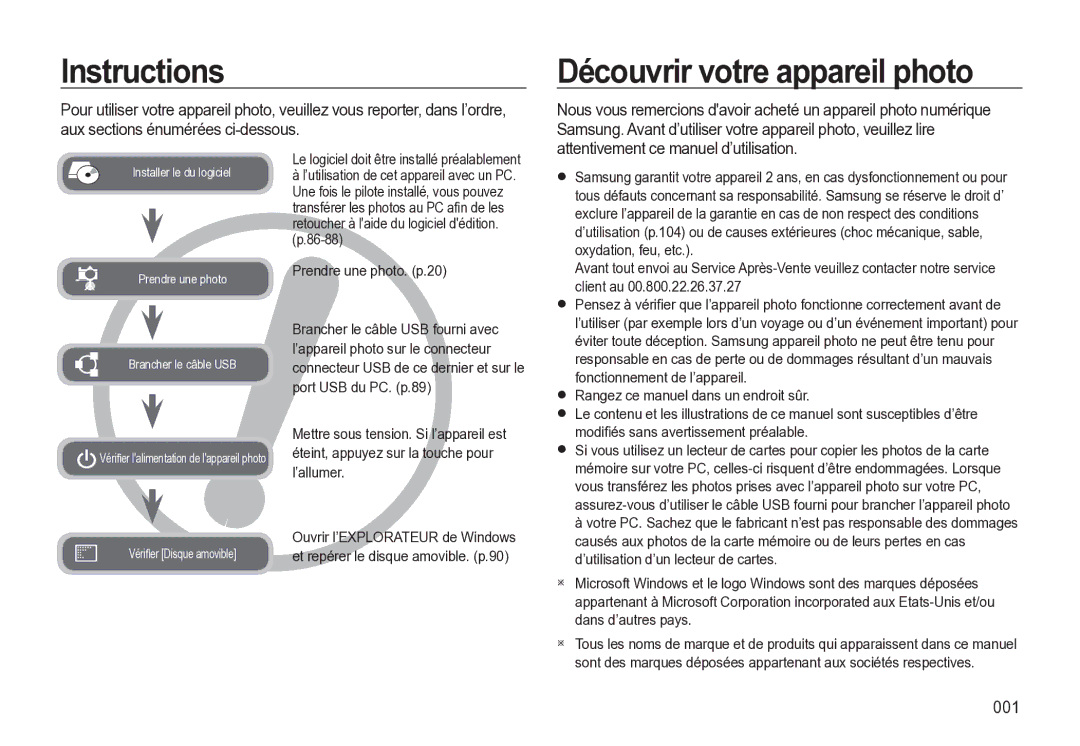 Samsung EC-M310WSBA/FR Instructions, Découvrir votre appareil photo, 001, Le logiciel doit être installé préalablement 