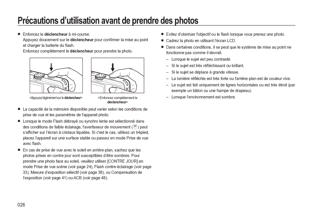 Samsung EC-M310WNBA/FR, EC-M310WABA/FR, EC-M310WSBA/FR manual Précautions d’utilisation avant de prendre des photos, 026 