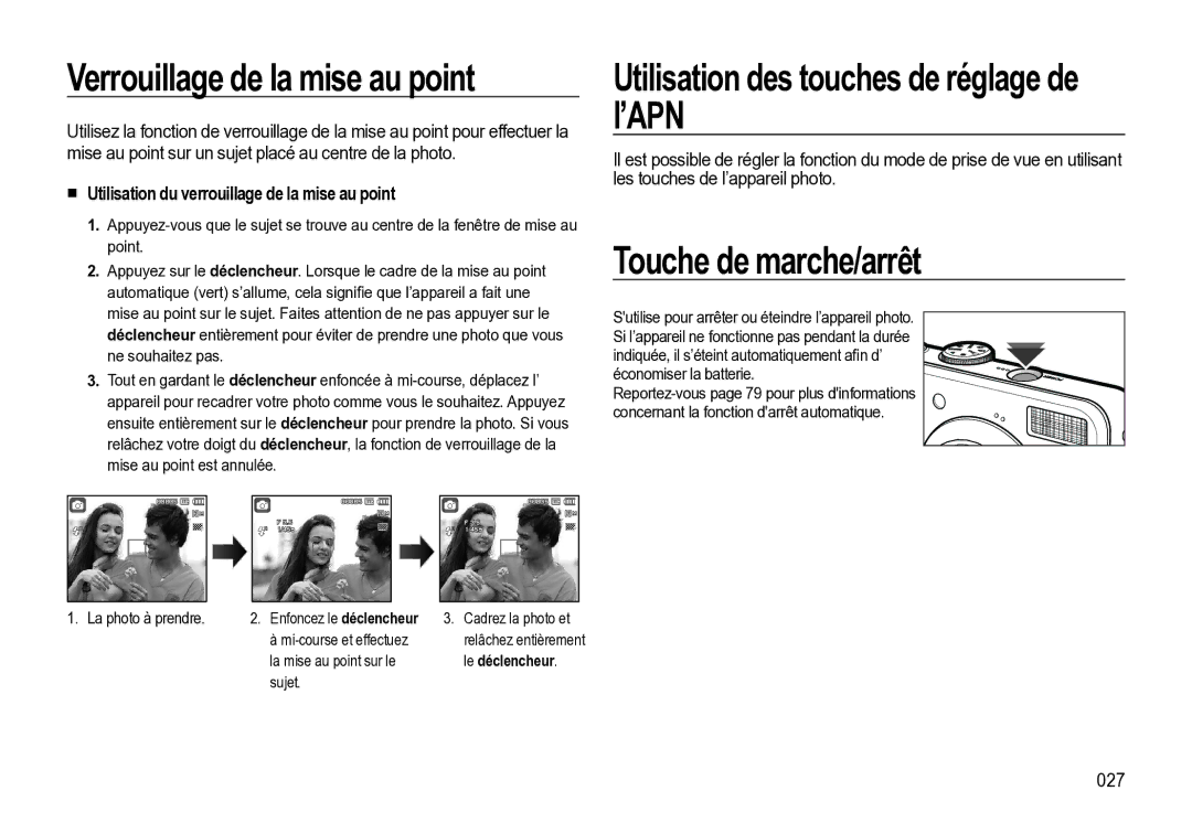 Samsung EC-M310WABA/FR, EC-M310WNBA/FR Verrouillage de la mise au point, Utilisation des touches de réglage de l’APN, 027 