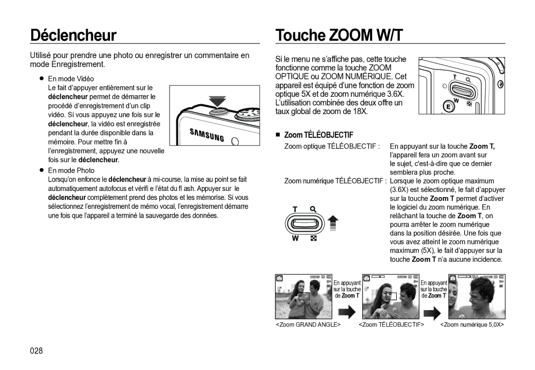 Samsung EC-M310WSBA/FR, EC-M310WNBA/FR manual Déclencheur, Touche Zoom W/T, Taux global de zoom de, Zoom Téléobjectif, 028 