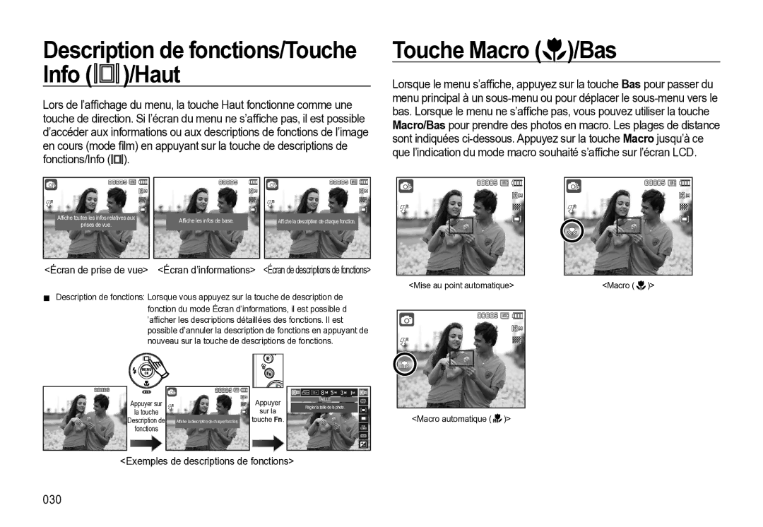 Samsung EC-M310WABA/FR, EC-M310WNBA/FR, EC-M310WSBA/FR Description de fonctions/Touche Info /Haut, Touche Macro /Bas, 030 