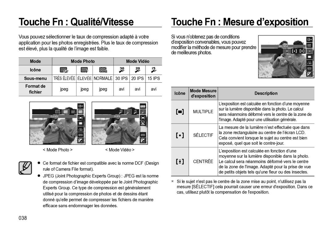 Samsung EC-M310WNBA/FR manual Touche Fn Qualité/Vitesse Touche Fn Mesure d’exposition, 038, IPS 20 IPS 15 IPS, ﬁchier 