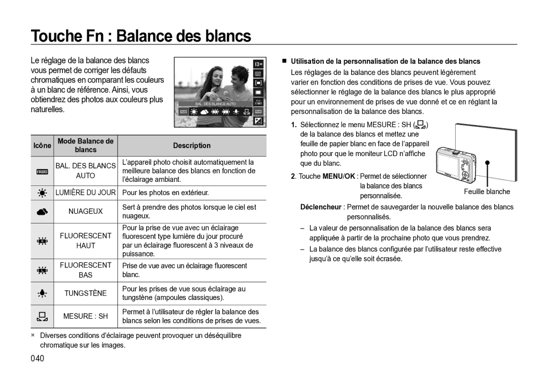 Samsung EC-M310WSBA/FR Touche Fn Balance des blancs, 040, Utilisation de la personnalisation de la balance des blancs 