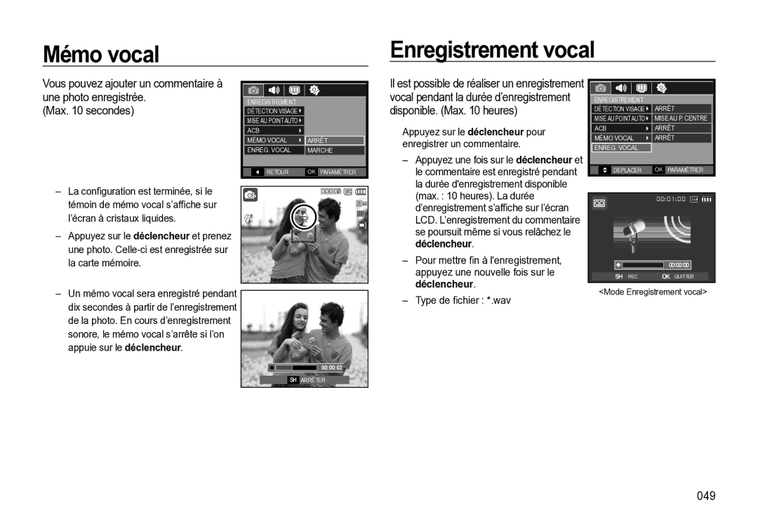 Samsung EC-M310WSBA/FR, EC-M310WNBA/FR, EC-M310WABA/FR manual Mémo vocal Enregistrement vocal, Max secondes, 049 