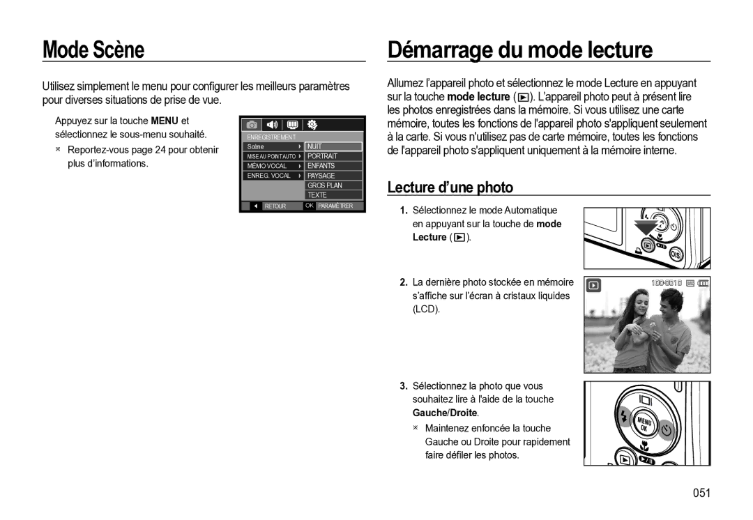 Samsung EC-M310WABA/FR, EC-M310WNBA/FR, EC-M310WSBA/FR manual Mode Scène, Démarrage du mode lecture, 051, Lecture 