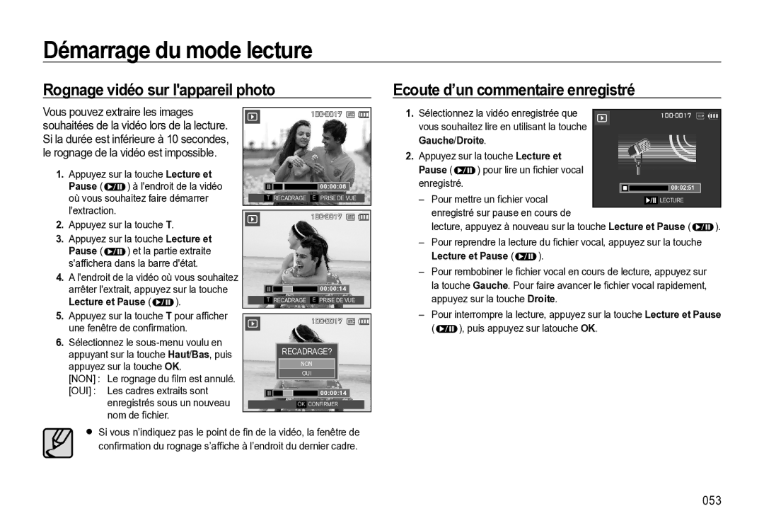 Samsung EC-M310WNBA/FR manual 053, Lecture et Pause, Pour mettre un ﬁchier vocal, Enregistré sur pause en cours de 