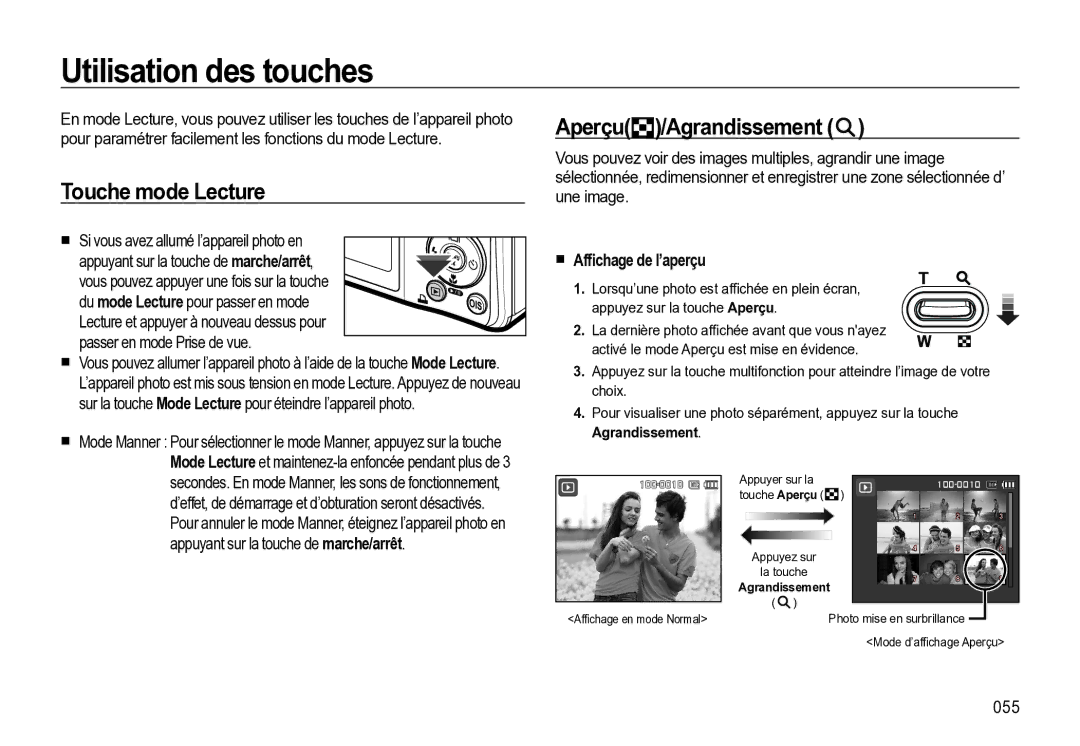 Samsung EC-M310WSBA/FR Utilisation des touches, Touche mode Lecture, Aperçu /Agrandissement, Afﬁchage de l’aperçu, 055 