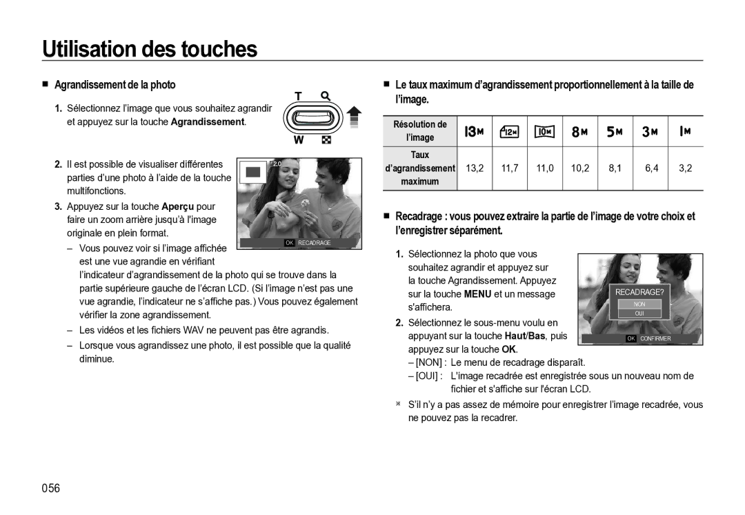 Samsung EC-M310WNBA/FR Agrandissement de la photo, 056, 13,2 11,7 11,0 10,2, Sur la touche Menu et un message safﬁchera 