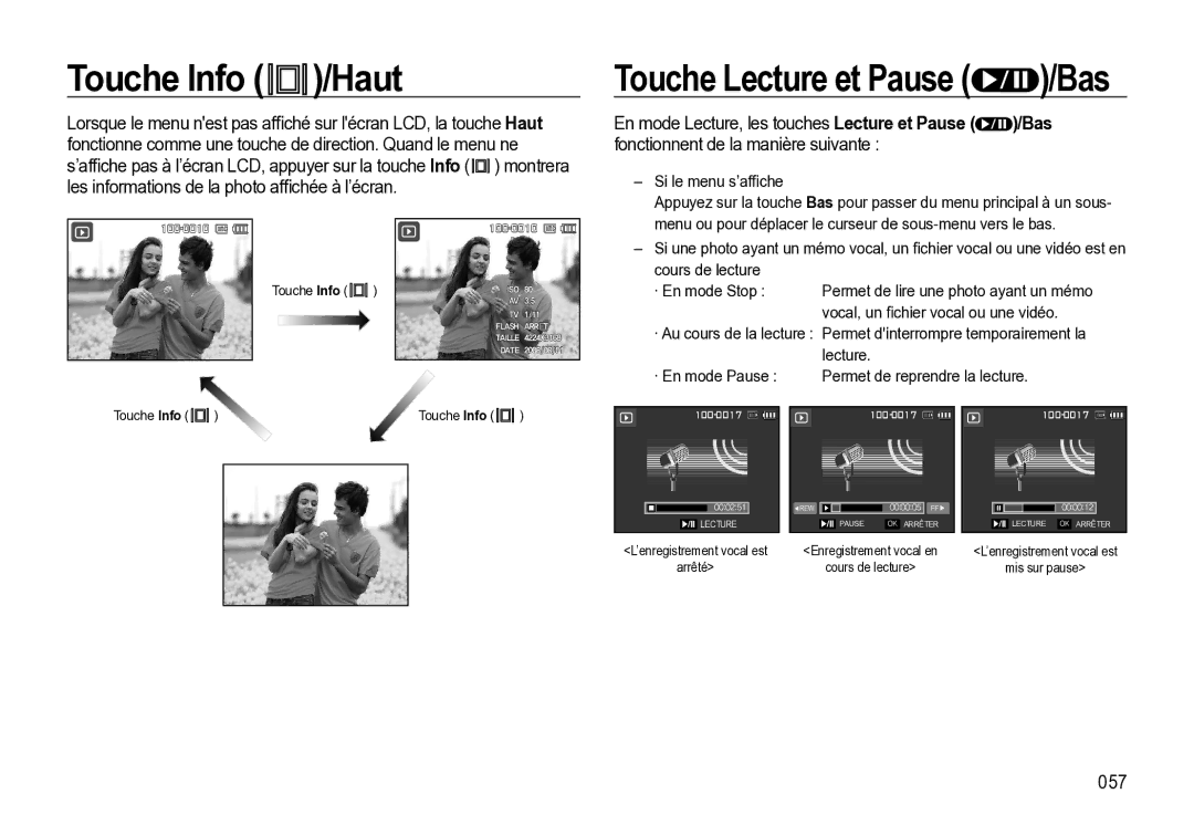 Samsung EC-M310WABA/FR, EC-M310WNBA/FR, EC-M310WSBA/FR manual Touche Info /Haut, Touche Lecture et Pause /Bas, 057 