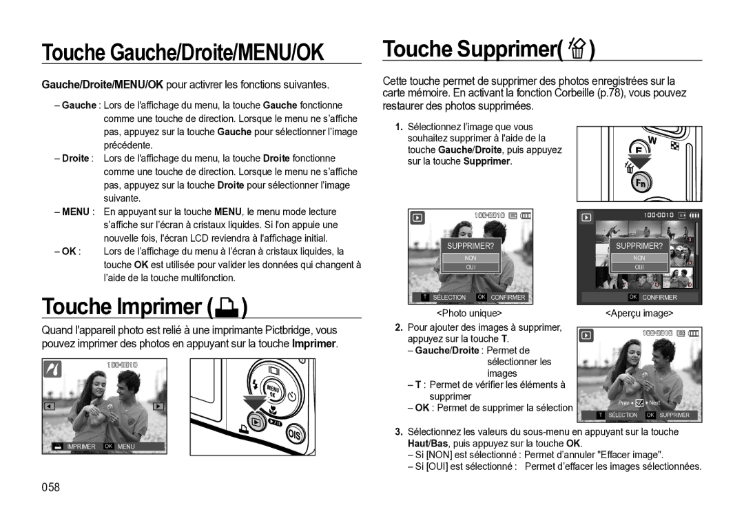 Samsung EC-M310WSBA/FR, EC-M310WNBA/FR, EC-M310WABA/FR Touche Gauche/Droite/MENU/OK, Touche Supprimer, Touche Imprimer, 058 