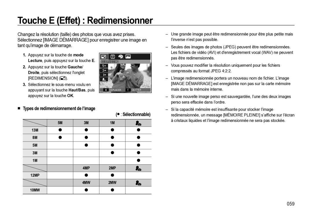 Samsung EC-M310WNBA/FR manual Touche E Effet Redimensionner, Types de redimensionnement de l’image Sélectionnable, 059, 13M 