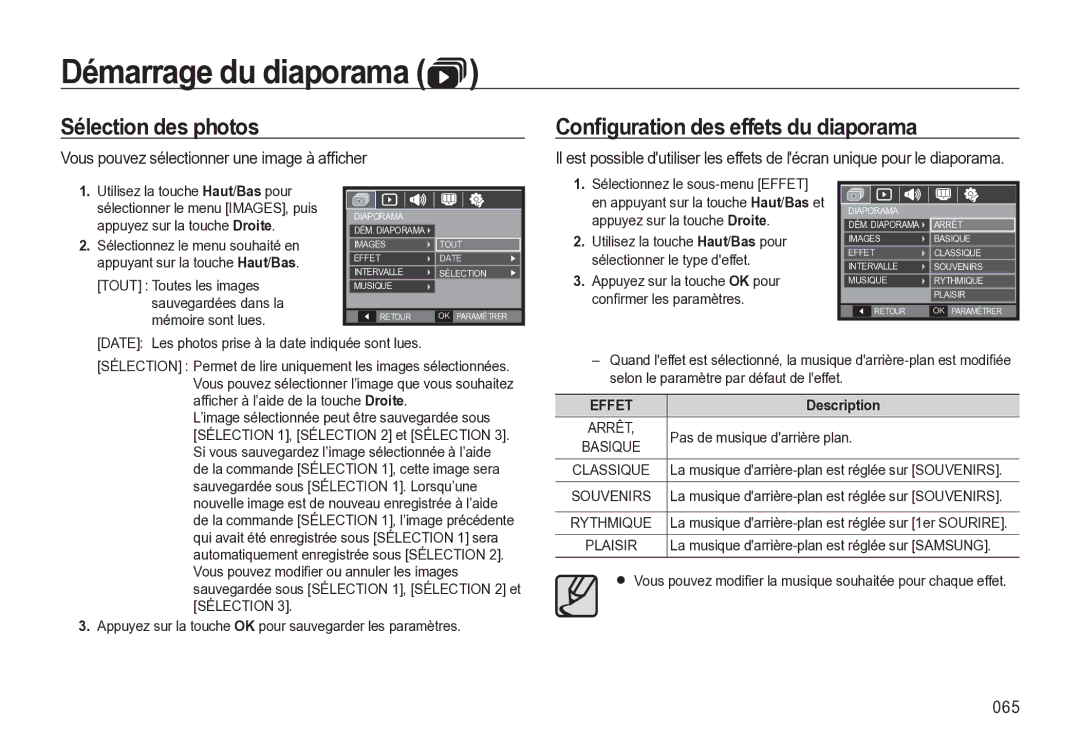 Samsung EC-M310WNBA/FR, EC-M310WABA/FR, EC-M310WSBA/FR manual Sélection des photos, Conﬁguration des effets du diaporama, 065 