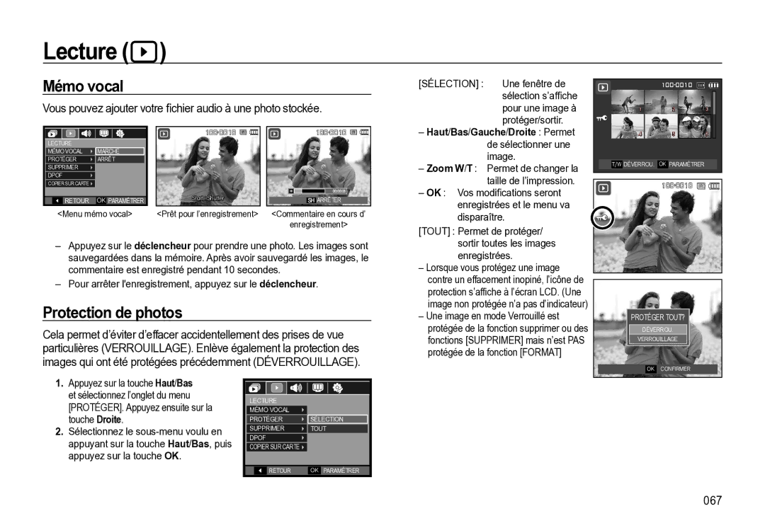 Samsung EC-M310WSBA/FR, EC-M310WNBA/FR, EC-M310WABA/FR manual Lecture, Mémo vocal, Protection de photos, 067 