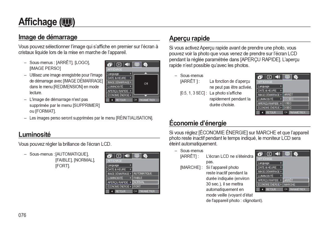 Samsung EC-M310WSBA/FR, EC-M310WNBA/FR, EC-M310WABA/FR Image de démarrage, Aperçu rapide, Luminosité, Économie d’énergie 