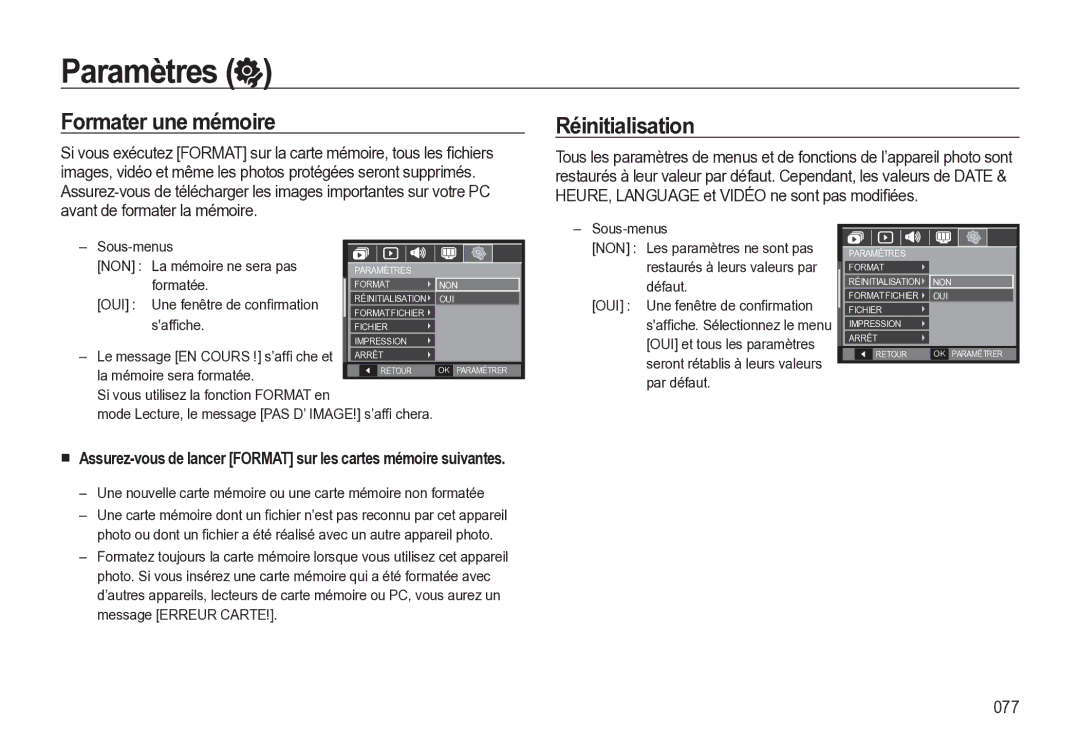 Samsung EC-M310WNBA/FR, EC-M310WABA/FR, EC-M310WSBA/FR manual Paramètres, Formater une mémoire, Réinitialisation, 077 