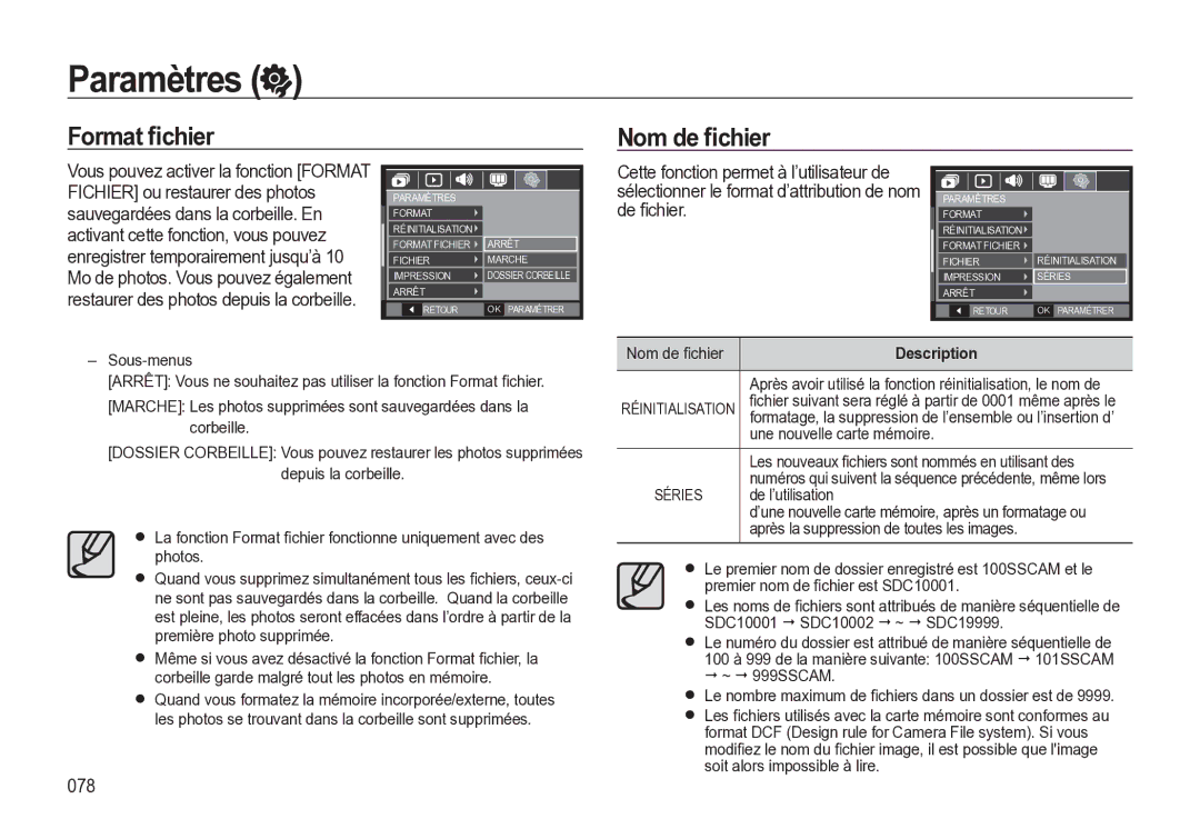 Samsung EC-M310WABA/FR, EC-M310WNBA/FR manual Format ﬁchier Nom de ﬁchier, 078, Une nouvelle carte mémoire, De l’utilisation 