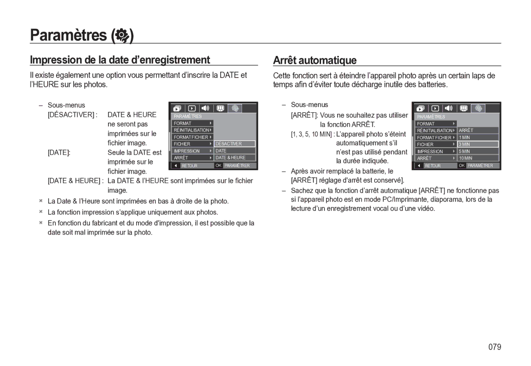 Samsung EC-M310WSBA/FR manual Impression de la date d’enregistrement, Arrêt automatique, 079, Désactiver Date & Heure 