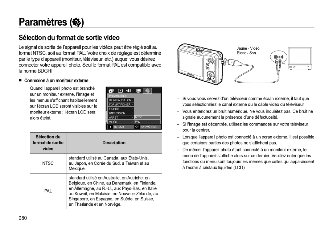 Samsung EC-M310WNBA/FR, EC-M310WABA/FR manual Sélection du format de sortie video, Connexion à un moniteur externe, 080 