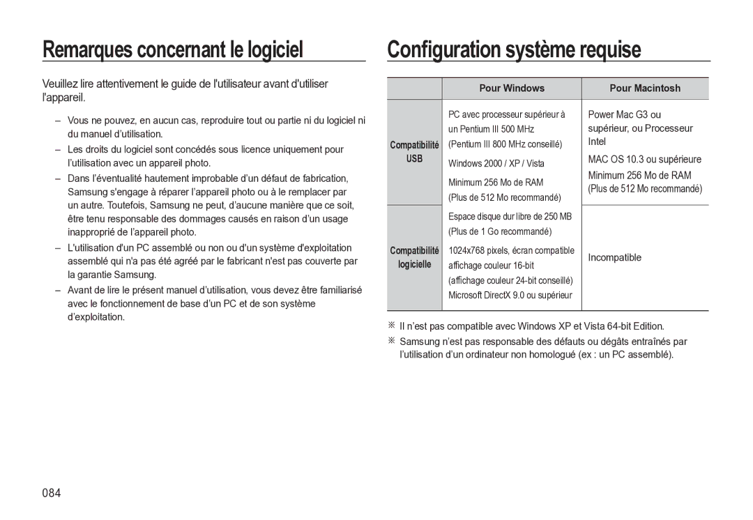 Samsung EC-M310WABA/FR Remarques concernant le logiciel, Conﬁguration système requise, 084, Pour Windows Pour Macintosh 