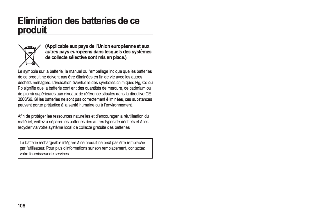 Samsung EC-M310WSBA/FR, EC-M310WNBA/FR, EC-M310WABA/FR manual Elimination des batteries de ce produit 