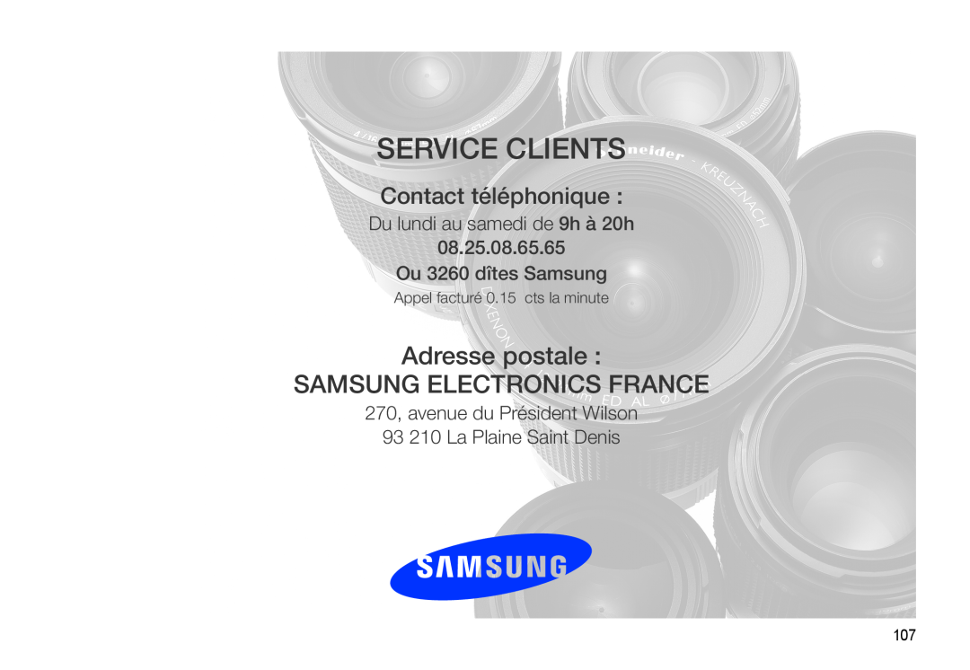 Samsung EC-M310WNBA/FR, EC-M310WABA/FR Service Clients, Adresse postale SAMSUNG ELECTRONICS FRANCE, Contact téléphonique 
