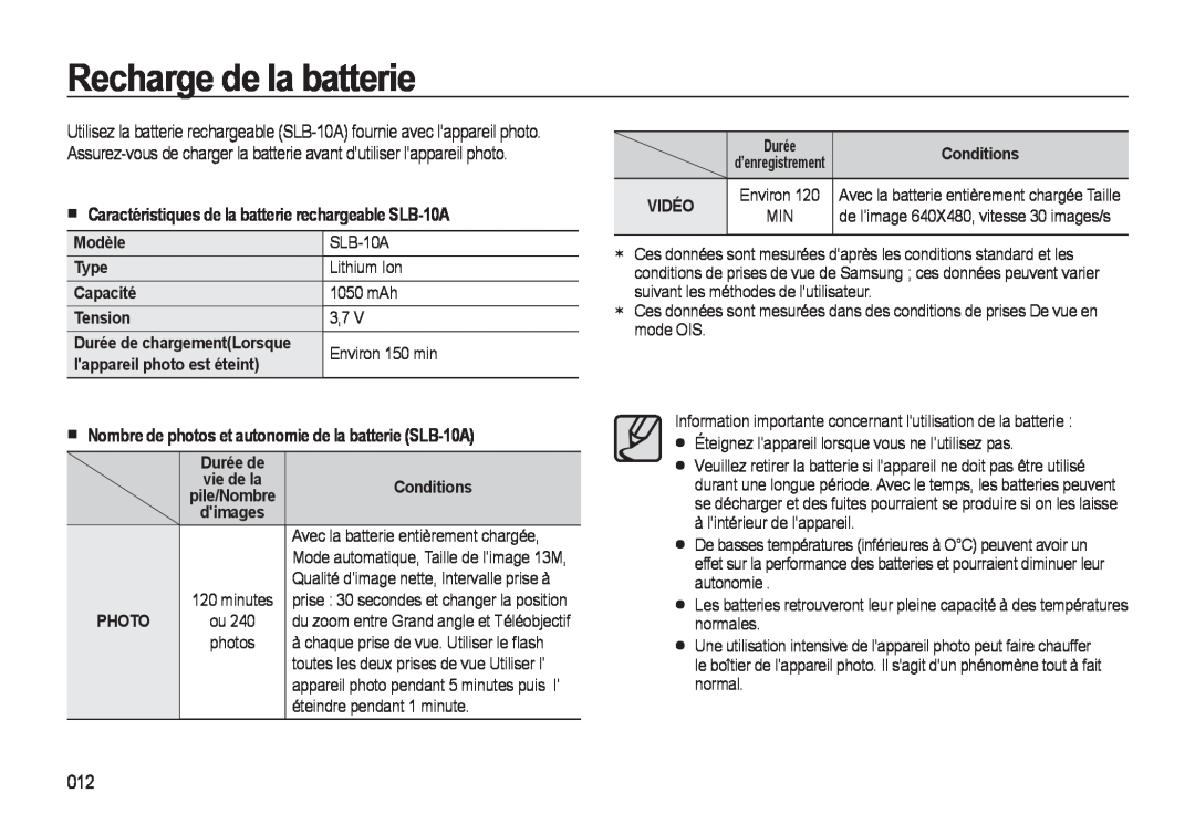 Samsung EC-M310WABA/FR Recharge de la batterie, Caractéristiques de la batterie rechargeable SLB-10A, Modèle, Type, Photo 