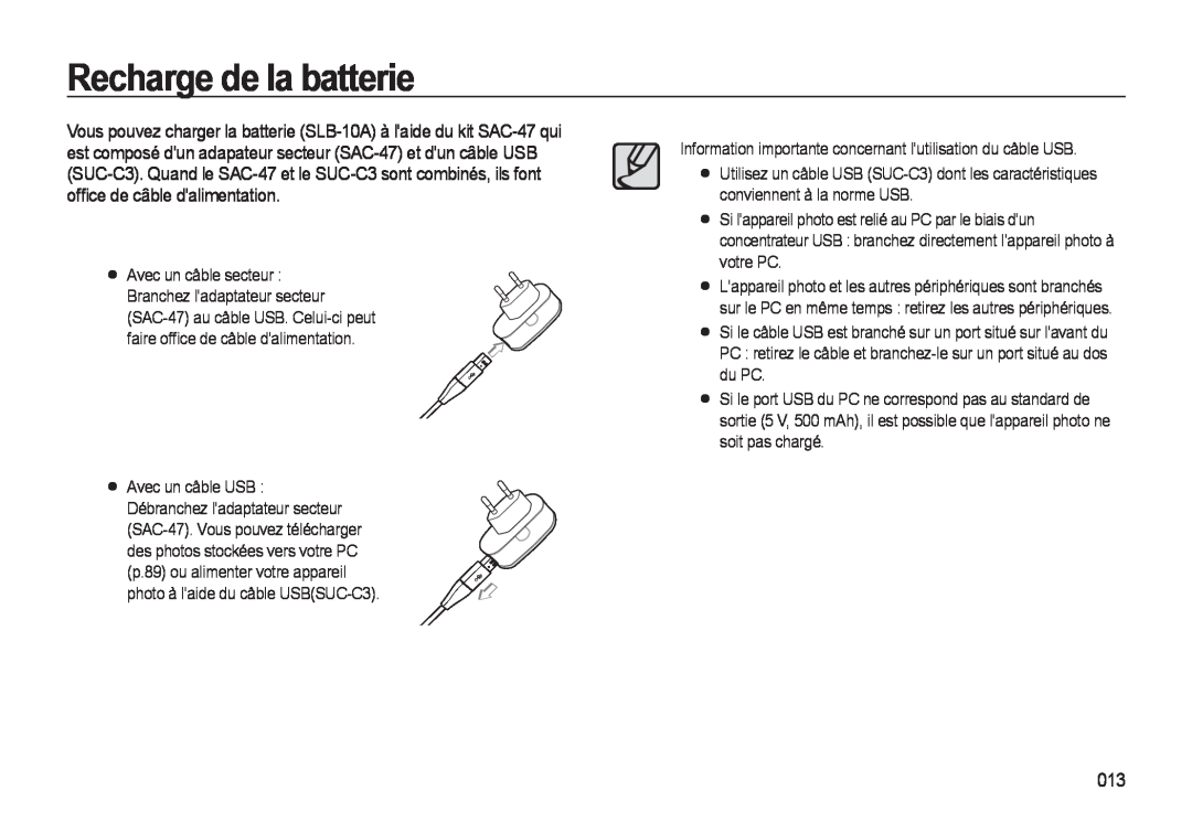 Samsung EC-M310WSBA/FR manual Recharge de la batterie, Information importante concernant lutilisation du câble USB 