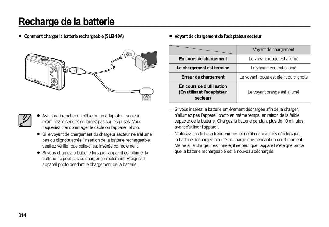 Samsung EC-M310WNBA/FR manual Comment charger la batterie rechargeable SLB-10A, Voyant de chargement de ladaptateur secteur 