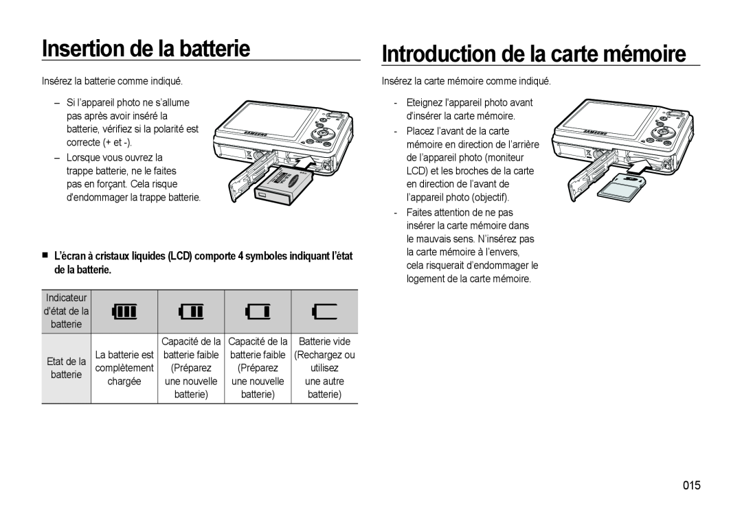 Samsung EC-M310WABA/FR manual Insertion de la batterie, Introduction de la carte mémoire, Insérez la batterie comme indiqué 