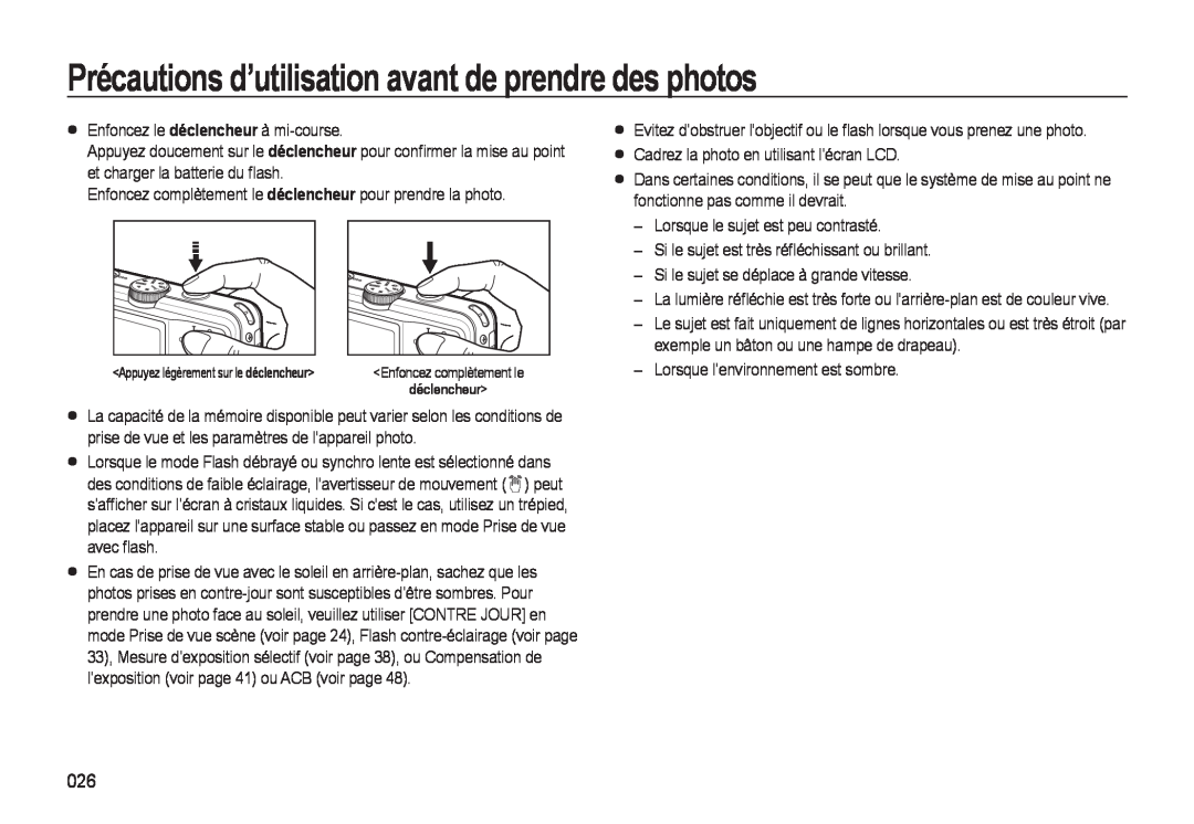 Samsung EC-M310WNBA/FR, EC-M310WABA/FR, EC-M310WSBA/FR manual Précautions d’utilisation avant de prendre des photos 