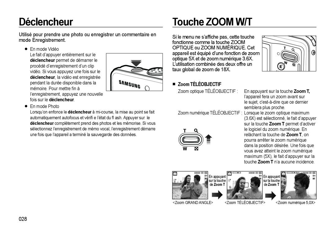 Samsung EC-M310WSBA/FR, EC-M310WNBA/FR manual Déclencheur, Touche ZOOM W/T, taux global de zoom de, Zoom TÉLÉOBJECTIF 