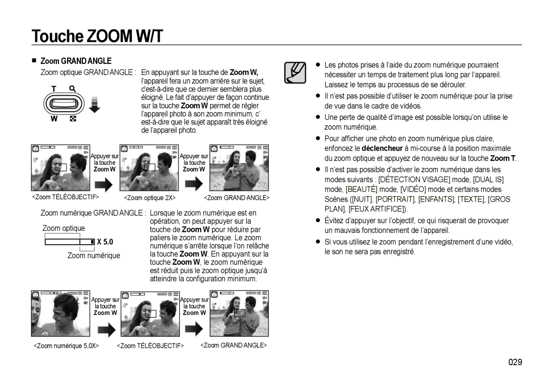 Samsung EC-M310WNBA/FR, EC-M310WABA/FR, EC-M310WSBA/FR manual Zoom GRAND ANGLE, Touche ZOOM W/T 