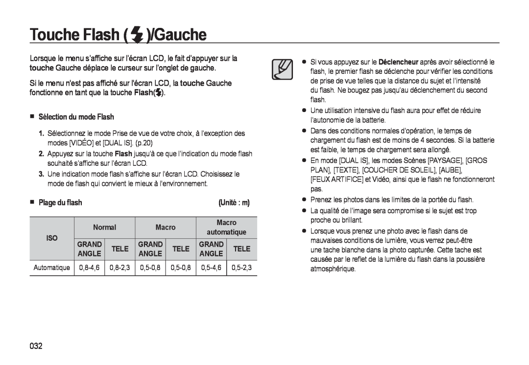 Samsung EC-M310WNBA/FR Touche Flash /Gauche, Sélection du mode Flash, Plage du ﬂash, Unité m, Normal, 0,8-2,3, 0,5-0,8 