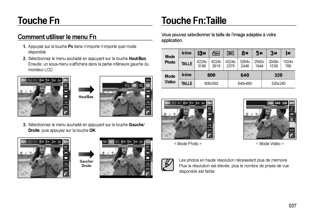 Samsung EC-M310WSBA/FR manual Touche FnTaille, Comment utiliser le menu Fn, Photo, Vidéo, 800x592, 640x480, Mode, Icône 