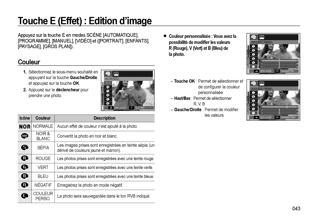 Samsung EC-M310WSBA/FR, EC-M310WNBA/FR manual Touche E Effet Edition d’image, Couleur, la photo, Icône, Description 
