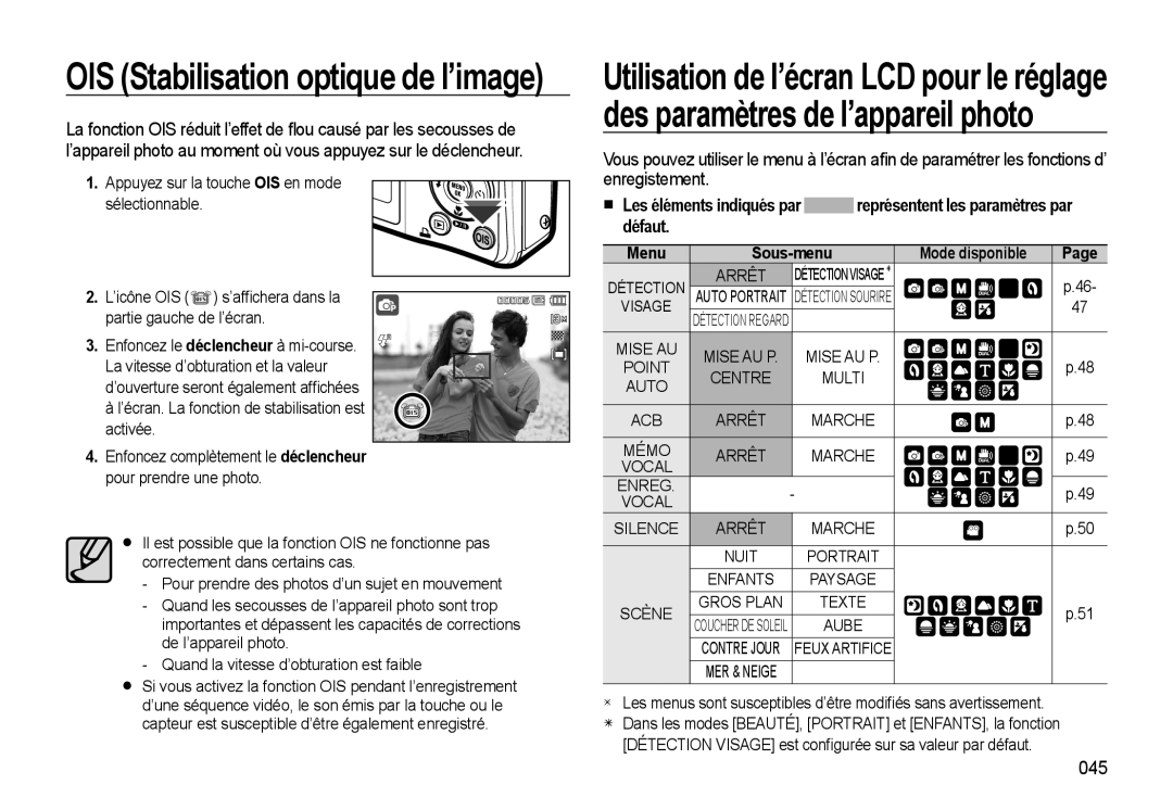 Samsung EC-M310WABA/FR manual OIS Stabilisation optique de l’image, enregistement, défaut, représentent les paramètres par 