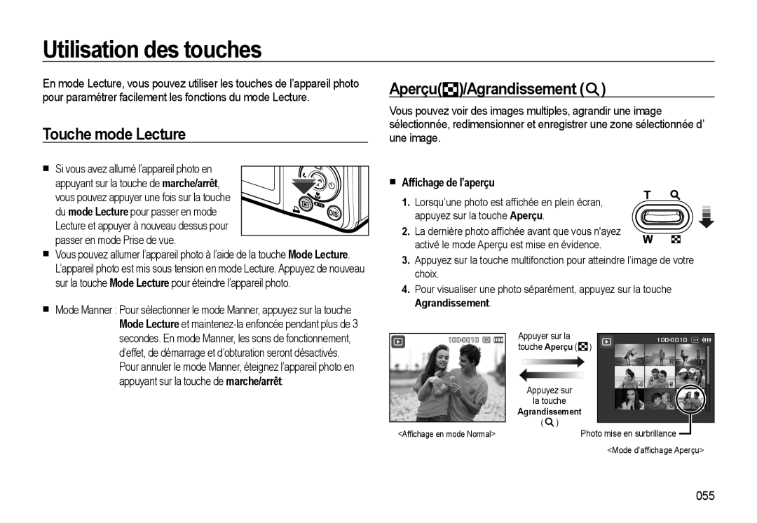 Samsung EC-M310WSBA/FR manual Utilisation des touches, Touche mode Lecture, Aperçu/Agrandissement, Afﬁchage de l’aperçu 
