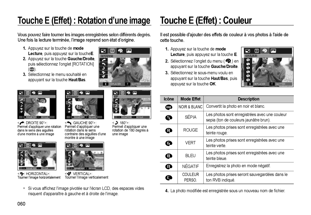 Samsung EC-M310WABA/FR manual Touche E Effet Couleur, Touche E Effet Rotation d’une image, Icône Mode Effet, Description 