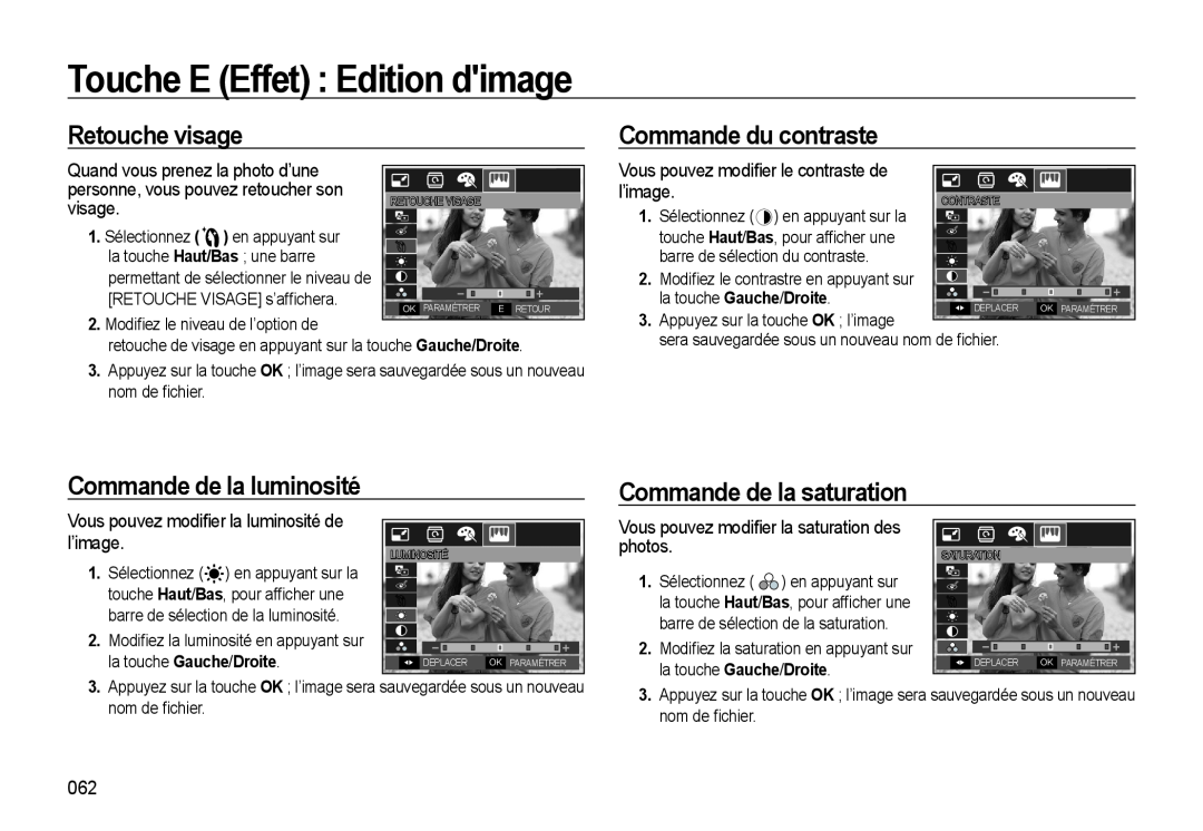 Samsung EC-M310WNBA/FR manual Retouche visage, Commande du contraste, Commande de la luminosité, Commande de la saturation 