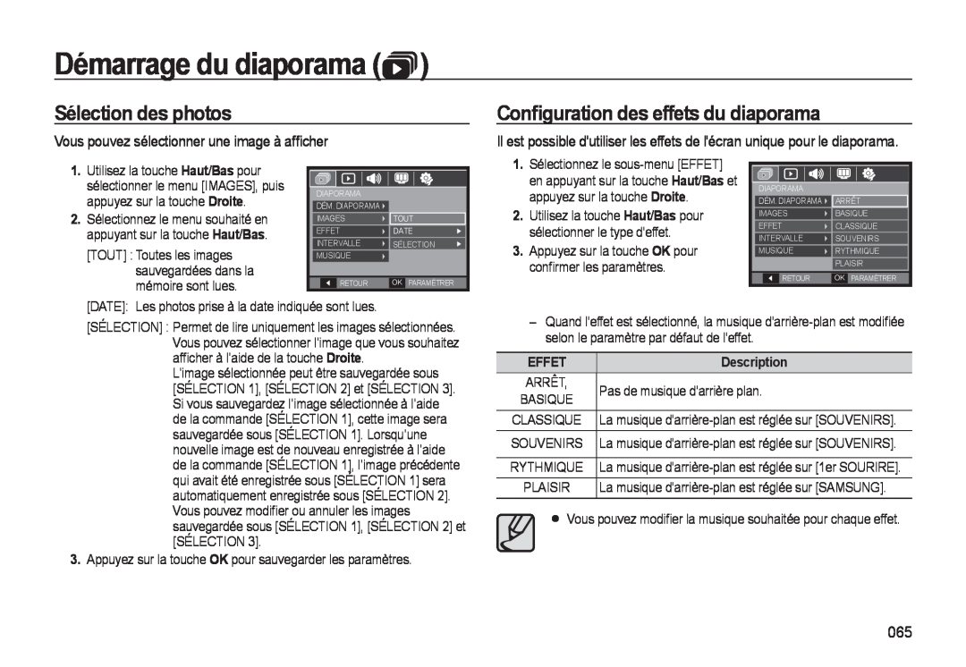 Samsung EC-M310WNBA/FR manual Sélection des photos, Conﬁguration des effets du diaporama, Effet, Démarrage du diaporama 