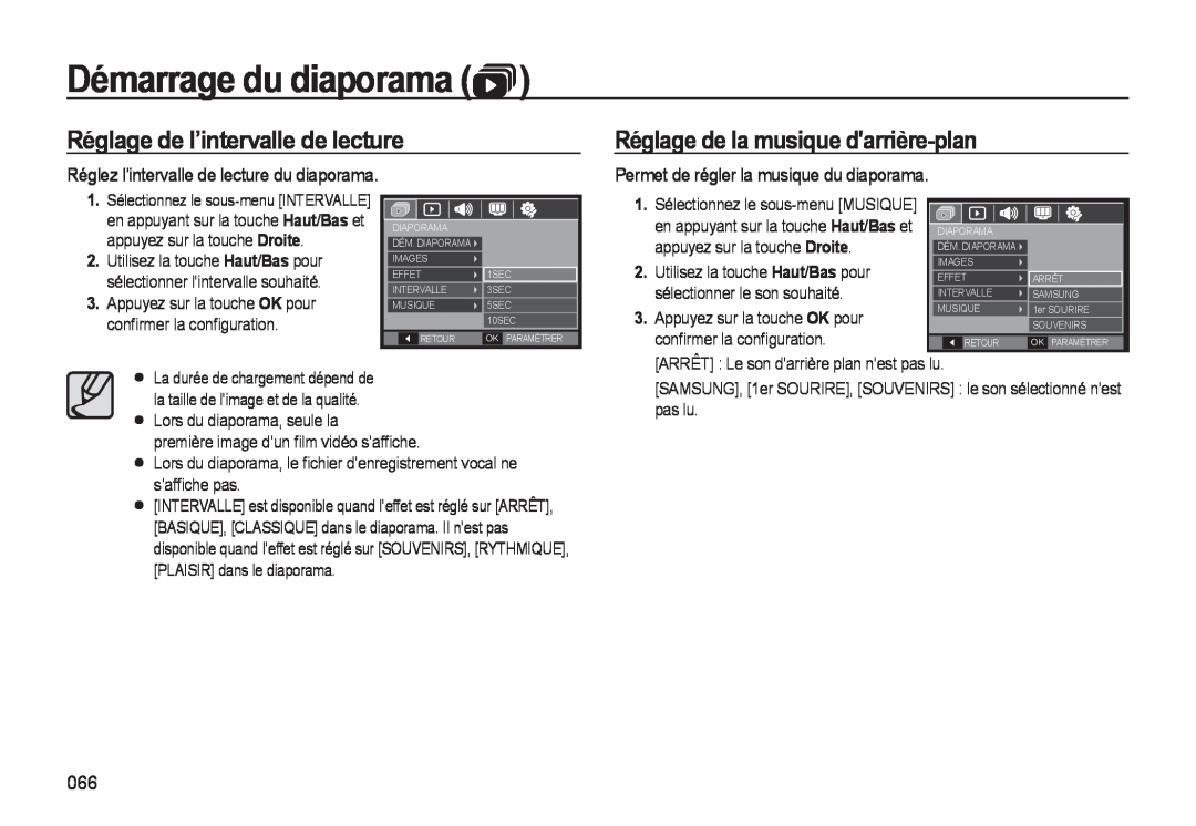 Samsung EC-M310WABA/FR Réglage de l’intervalle de lecture, Réglage de la musique darrière-plan, Démarrage du diaporama 