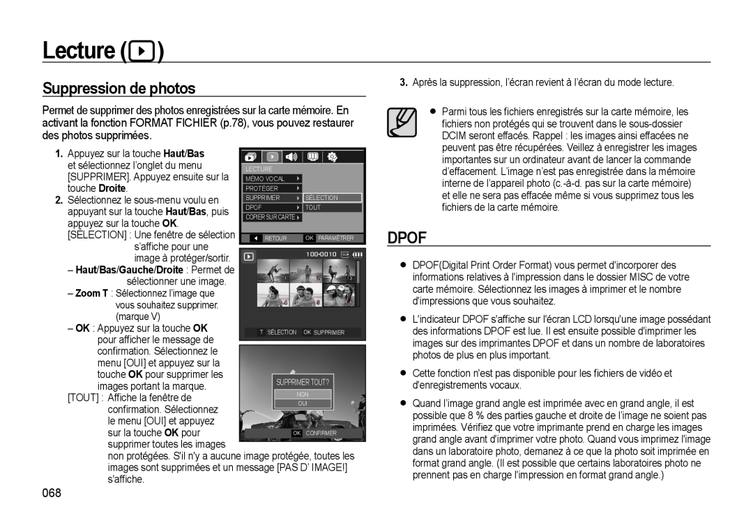 Samsung EC-M310WNBA/FR, EC-M310WABA/FR manual Suppression de photos, Dpof, Haut/Bas/Gauche/Droite Permet de, Lecture 