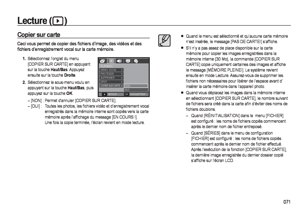 Samsung EC-M310WNBA/FR, EC-M310WABA/FR, EC-M310WSBA/FR manual Copier sur carte, Lecture, NON Permet dannuler COPIER SUR CARTE 