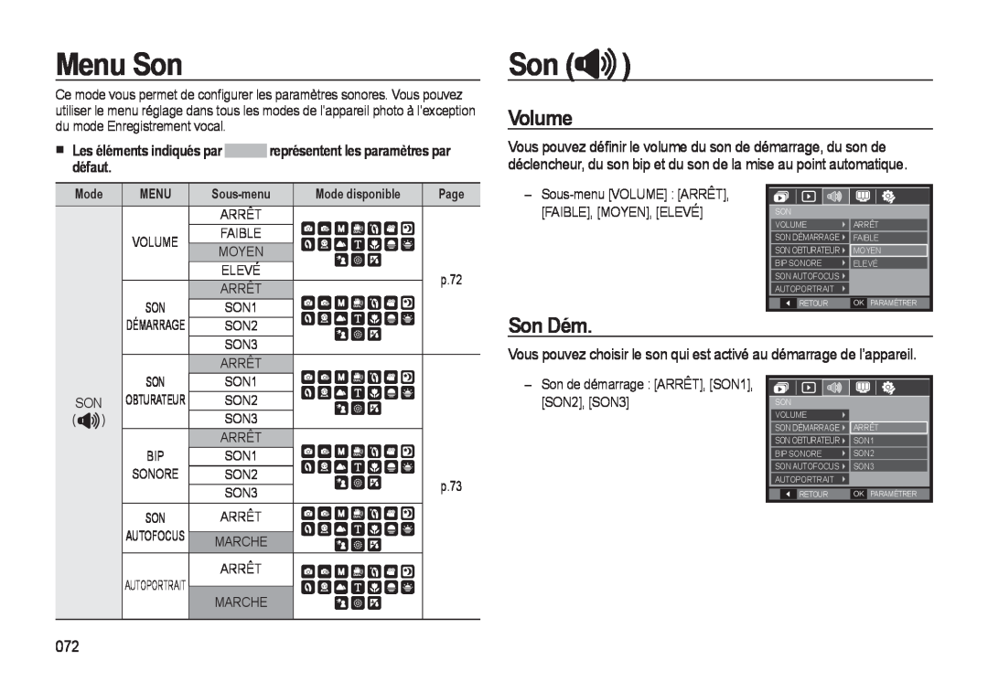 Samsung EC-M310WABA/FR Menu Son, Volume, Son Dém, Les éléments indiqués par, représentent les paramètres par, défaut, Mode 