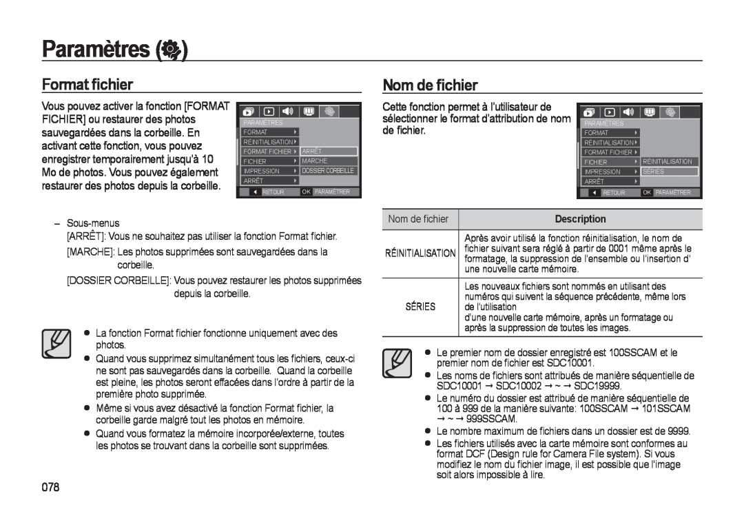 Samsung EC-M310WABA/FR Format ﬁchier, Nom de ﬁchier, Cette fonction permet à l’utilisateur de, Paramètres, Description 