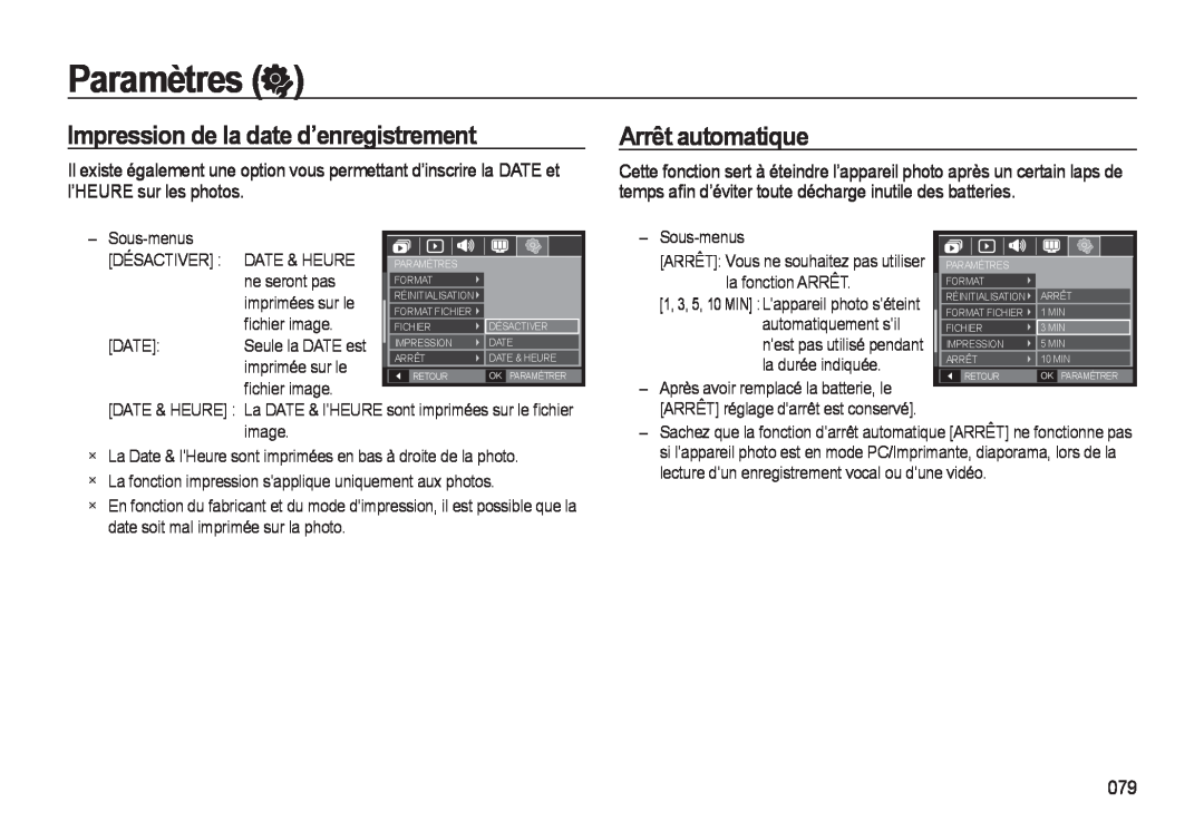 Samsung EC-M310WSBA/FR, EC-M310WNBA/FR manual Impression de la date d’enregistrement, Arrêt automatique, Paramètres 