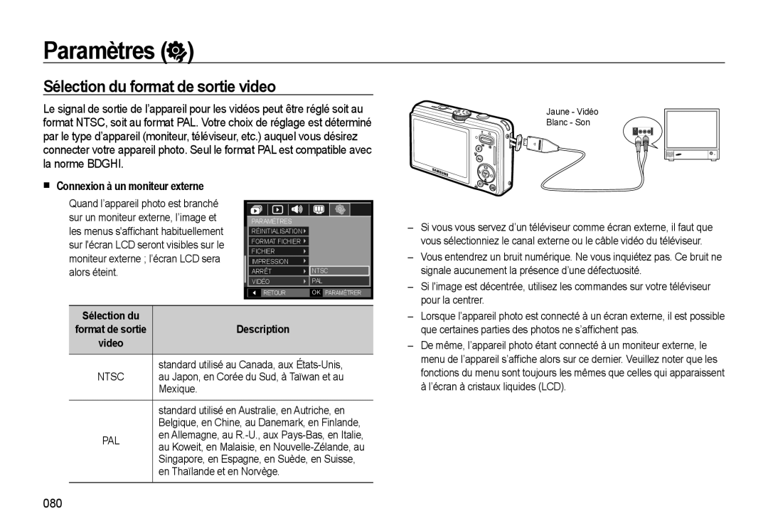 Samsung EC-M310WNBA/FR manual Sélection du format de sortie video, Connexion à un moniteur externe, Paramètres, Description 